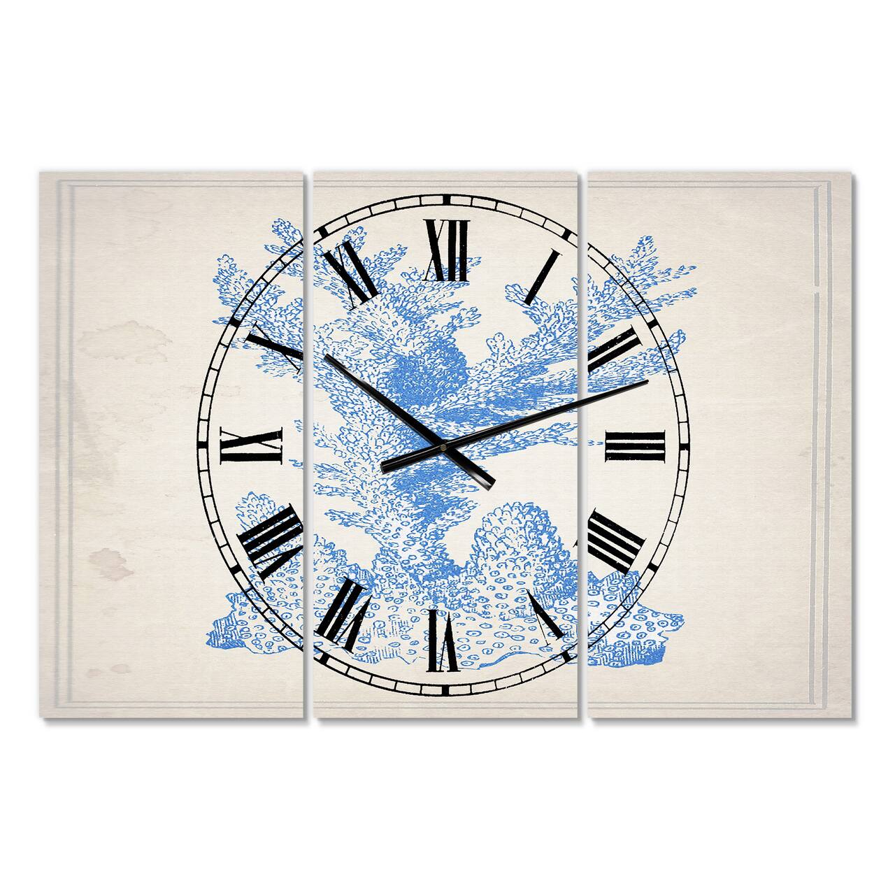 Designart Nautical & Coastal Blue Coral 3 Panel Large Wall Clock